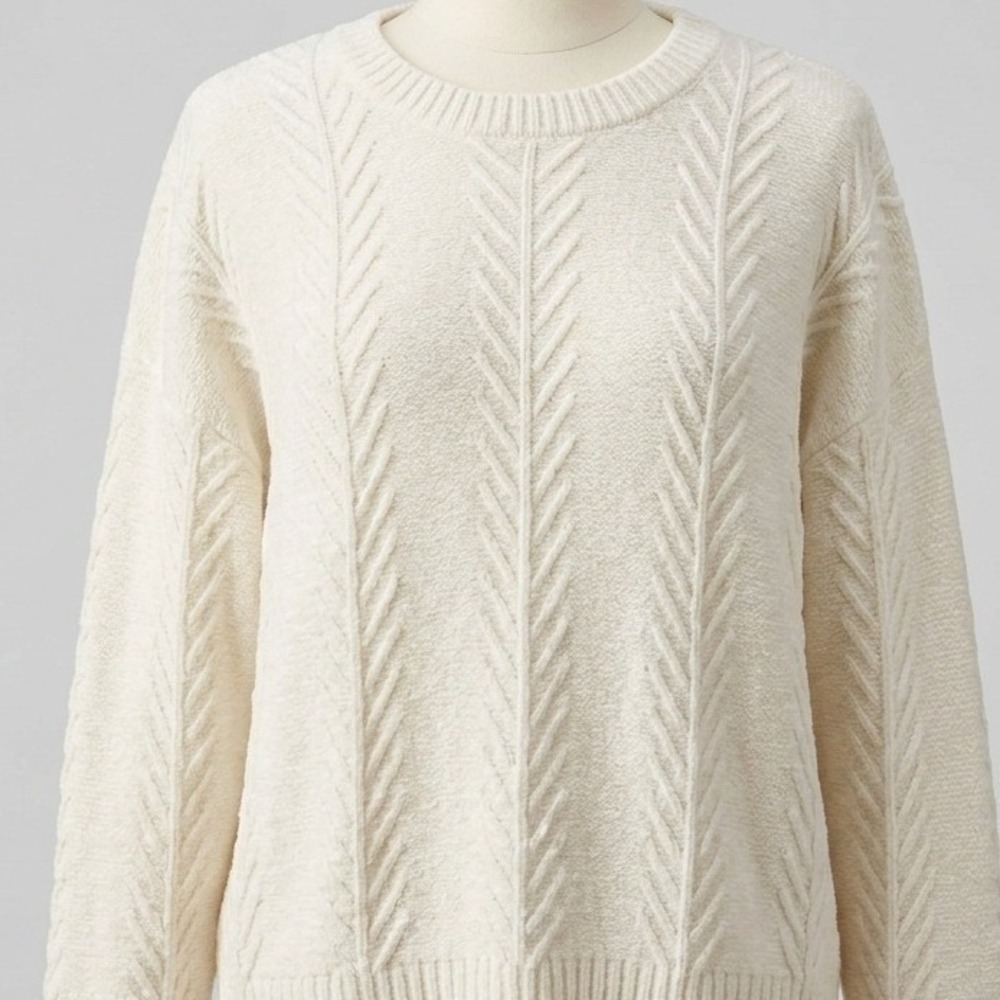 Orvis Womens XL Chunky Cozy Cream Chenille Cable Knit Grandmacore Crew Sweater